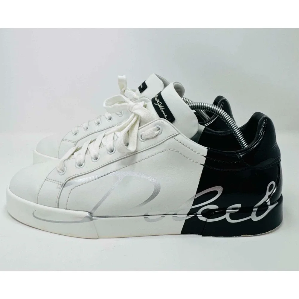 Dolce & Gabbana Portofino Logo Leather Sneakers White Black Men's 9 CS1600 Luxe